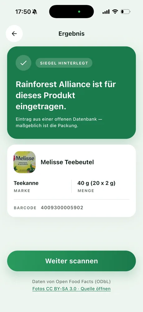 SiegelBlick: Ergebnis: Rainforest Alliance ist für das Produkt eingetragen