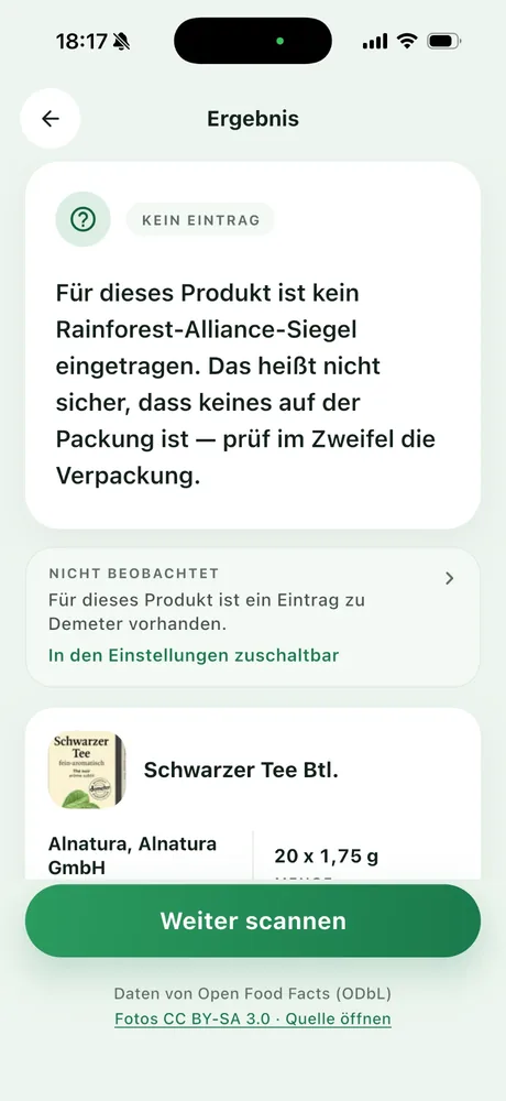 SiegelBlick: Ergebnis ohne Eintrag mit Hinweis, dass die Packung maßgeblich ist