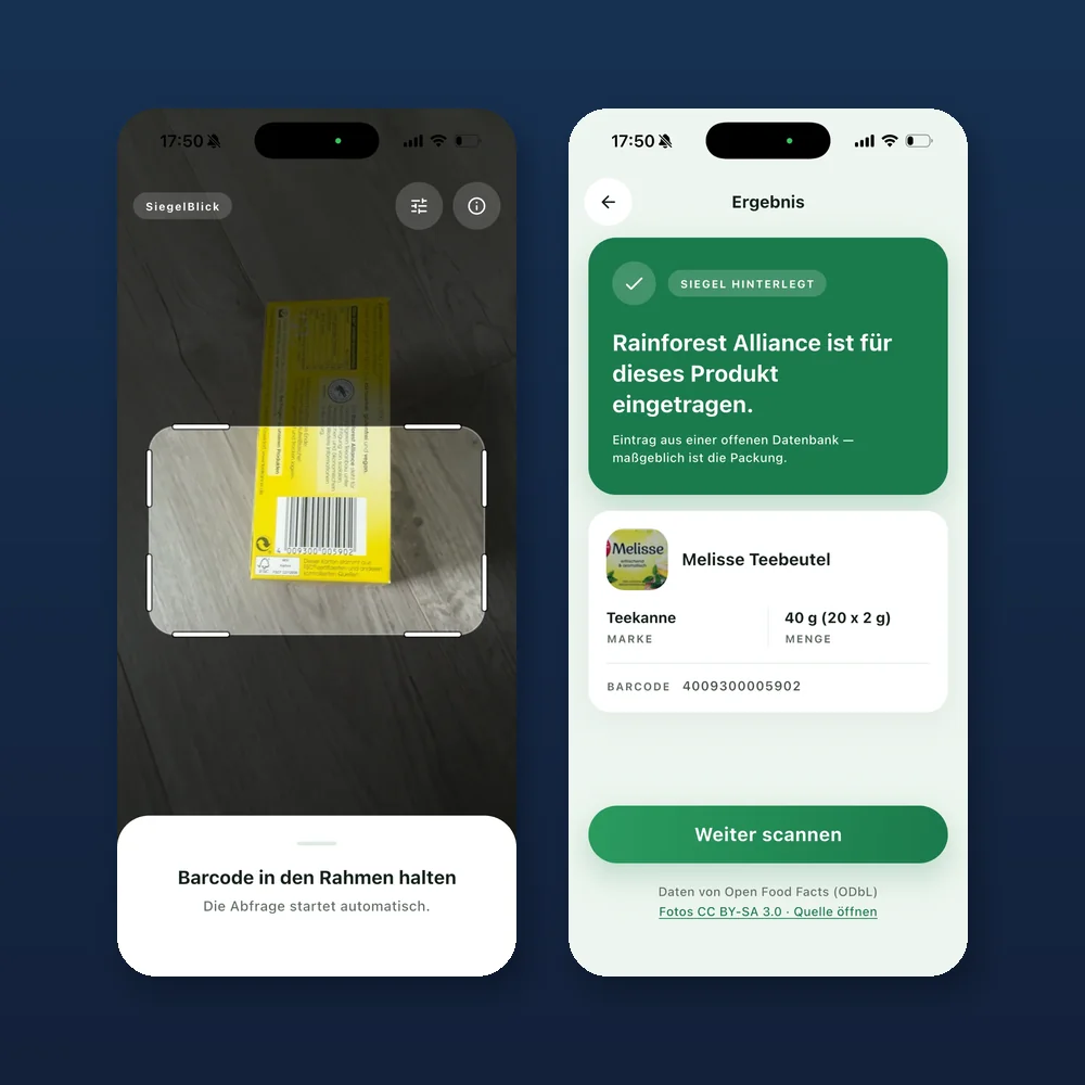 Screenshots der App SiegelBlick: Barcode-Scan und Ergebnis